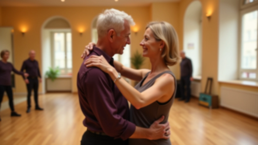 Older couple learning Latin dance steps with an instructor in a bright studio setting