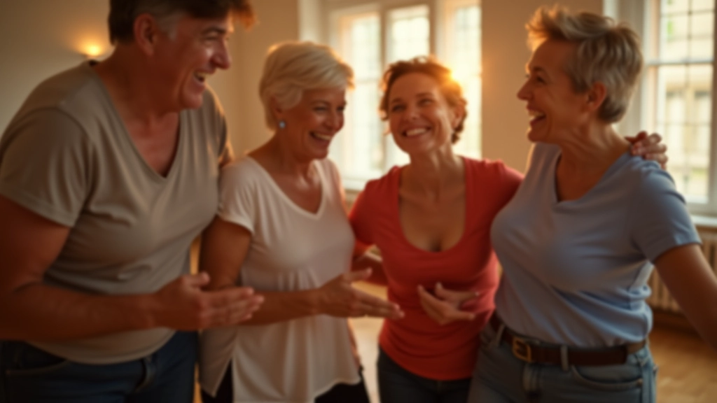 Group of mature adults laughing together in a dance studio after a session, creating an inclusive and welcoming atmosphere
