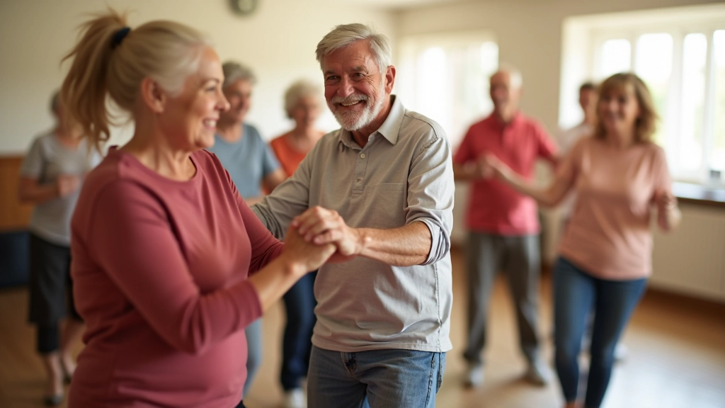 A welcoming group of mature adults dancing and laughing together at a community dance event
