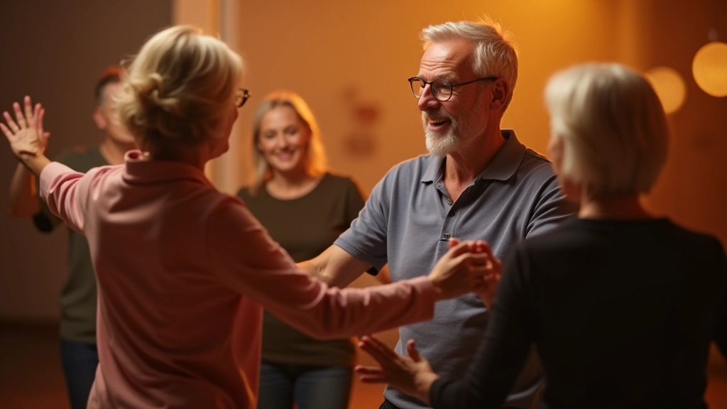 Group of mature adults dancing together at a community centre evening event