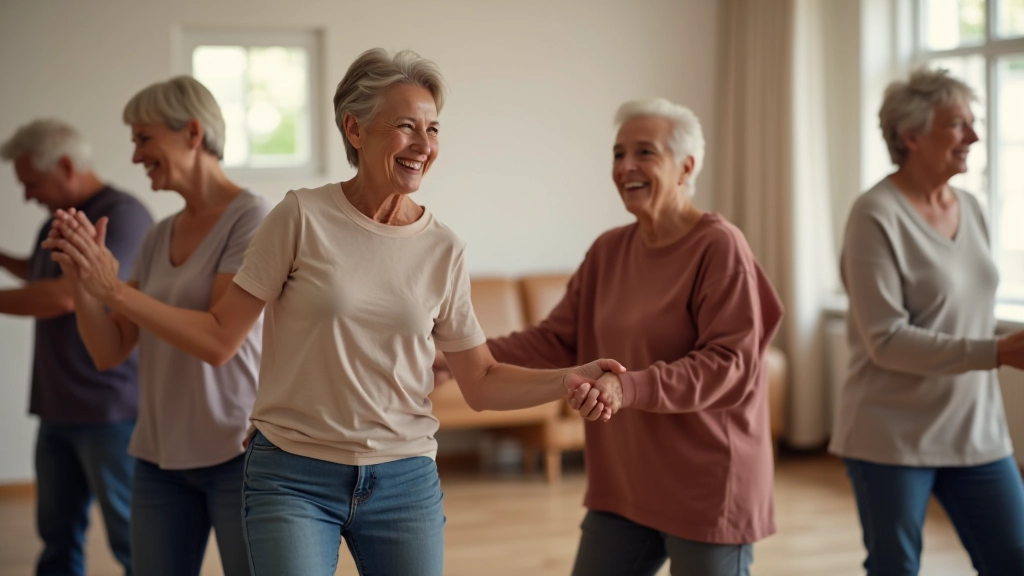 Group of mature adults smiling and dancing together in a community center studio