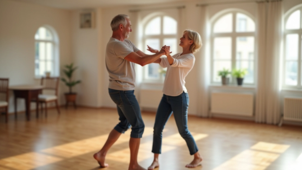 Mature couple practicing bachata with proper posture and balance position in a bright studio