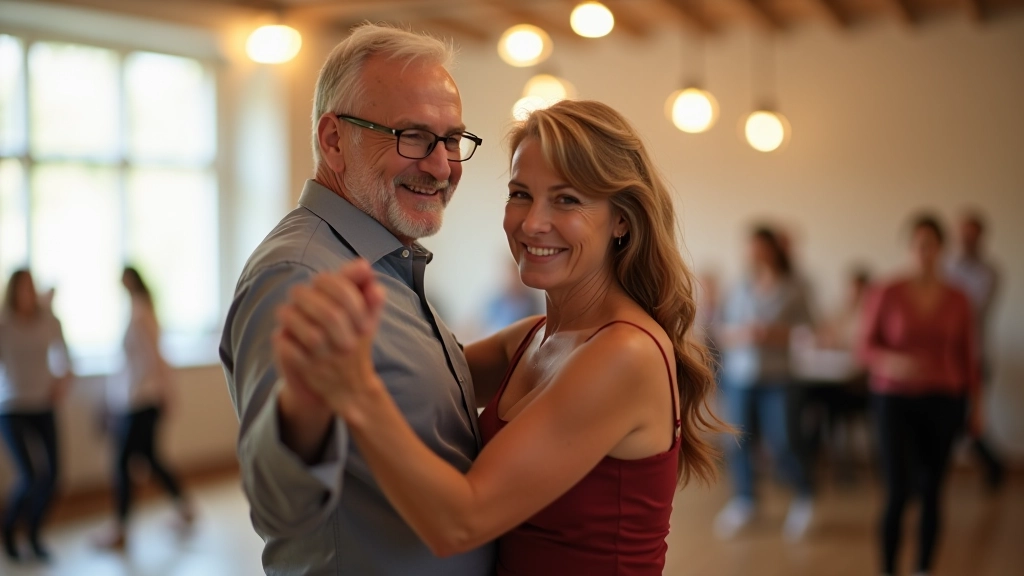 Mature adults enjoying partner dancing in a bright, welcoming community space
