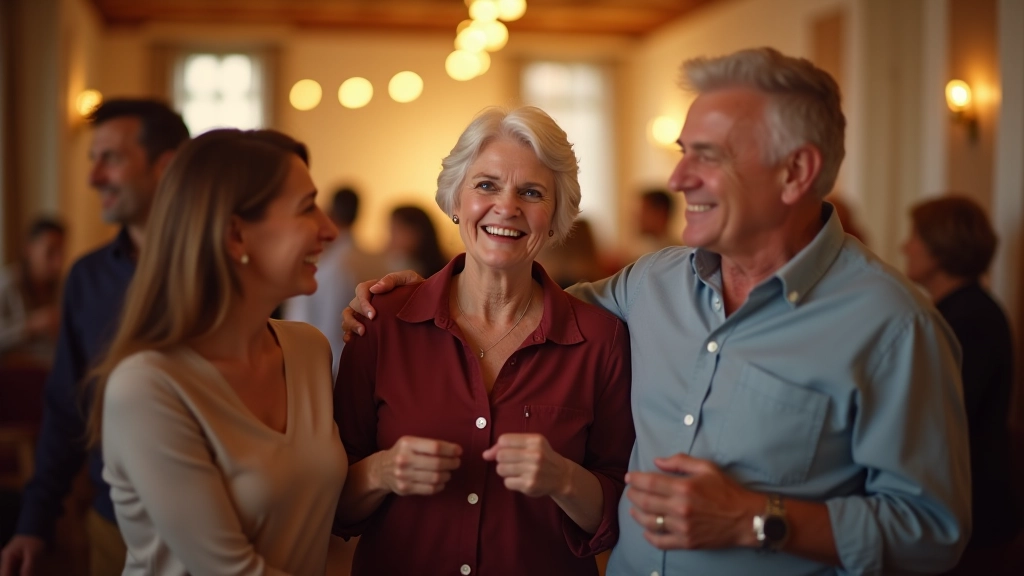 Joyful seniors dancing together at a community dance gathering, smiling and socializing in Daugavpils